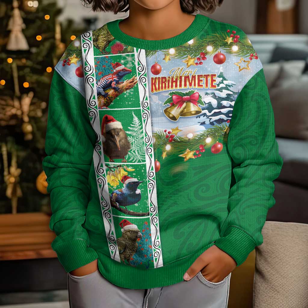 New Zealand Merry Christmas Kid Ugly Christmas Sweater Maori Animals, Koru Tattoo - Green Xmas Style