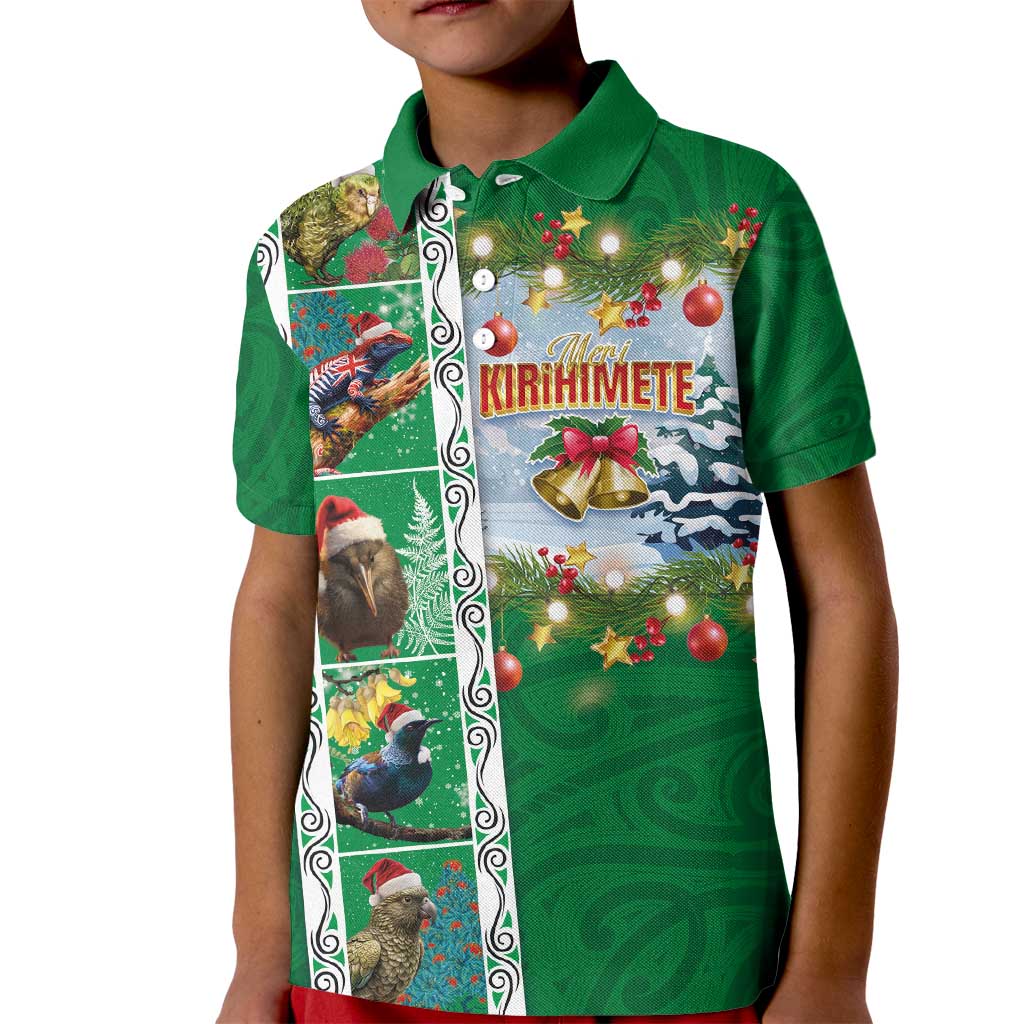 New Zealand Merry Christmas Kid Polo Shirt Maori Animals, Koru Tattoo - Green Xmas Style