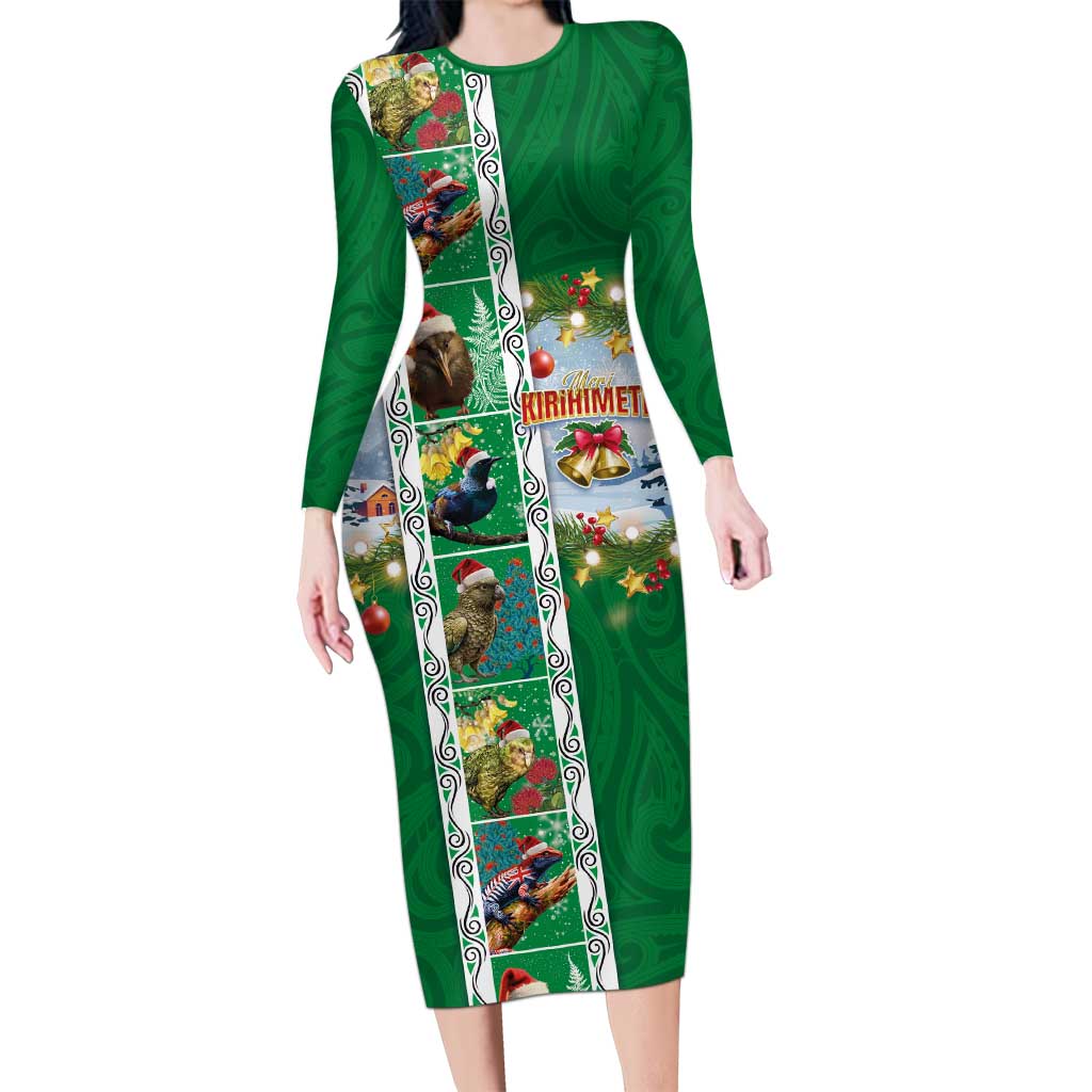 New Zealand Merry Christmas Long Sleeve Bodycon Dress Maori Animals, Koru Tattoo - Green Xmas Style