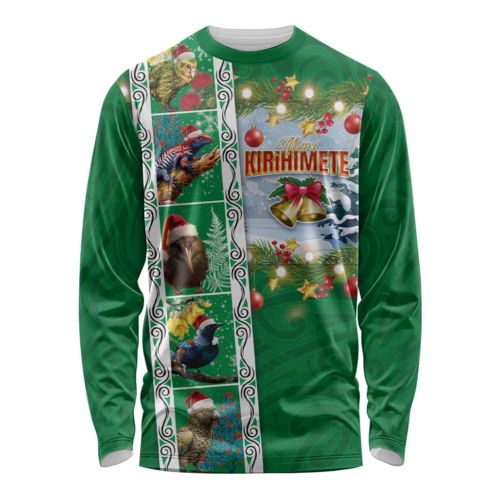 New Zealand Merry Christmas Long Sleeve Shirt Maori Animals, Koru Tattoo - Green Xmas Style