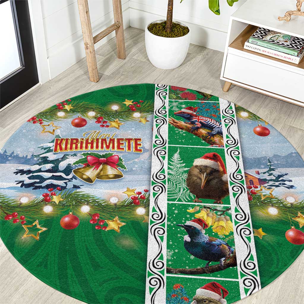 New Zealand Merry Christmas Round Carpet Maori Animals, Koru Tattoo - Green Xmas Style