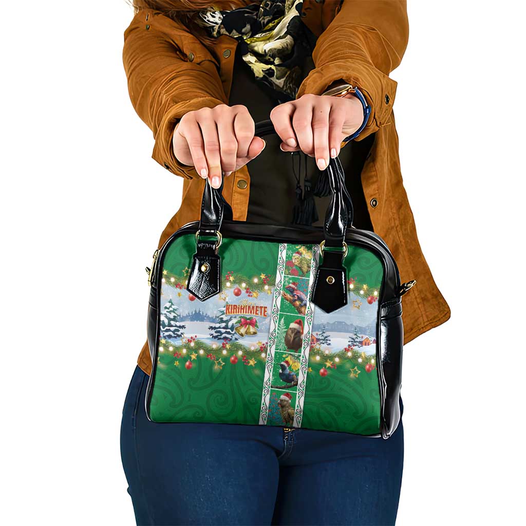 New Zealand Merry Christmas Shoulder Handbag Maori Animals, Koru Tattoo - Green Xmas Style