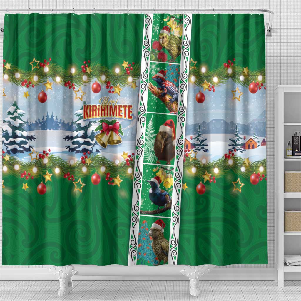 New Zealand Merry Christmas Shower Curtain Maori Animals, Koru Tattoo - Green Xmas Style