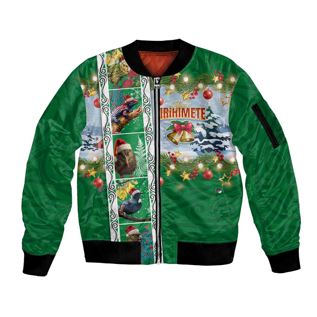 New Zealand Merry Christmas Sleeve Zip Bomber Jacket Maori Animals, Koru Tattoo - Green Xmas Style