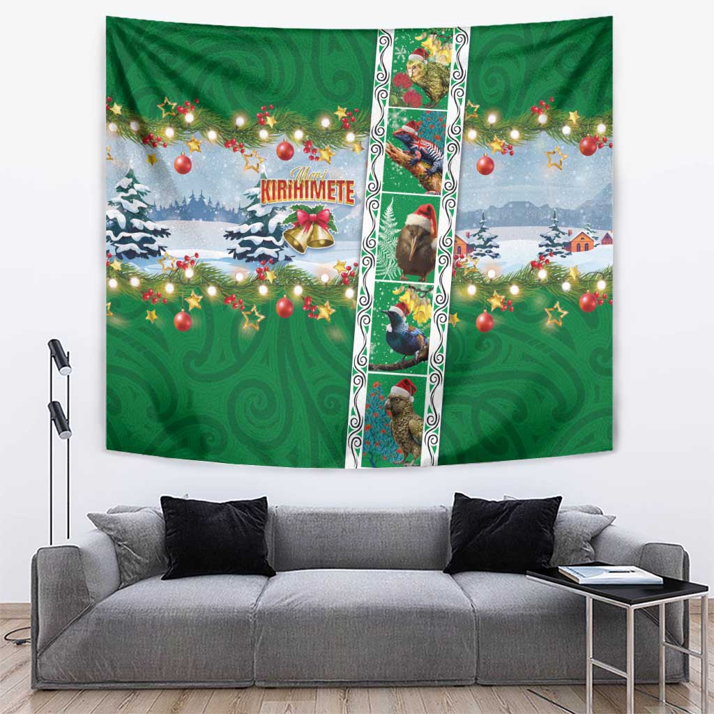 New Zealand Merry Christmas Tapestry Maori Animals, Koru Tattoo - Green Xmas Style