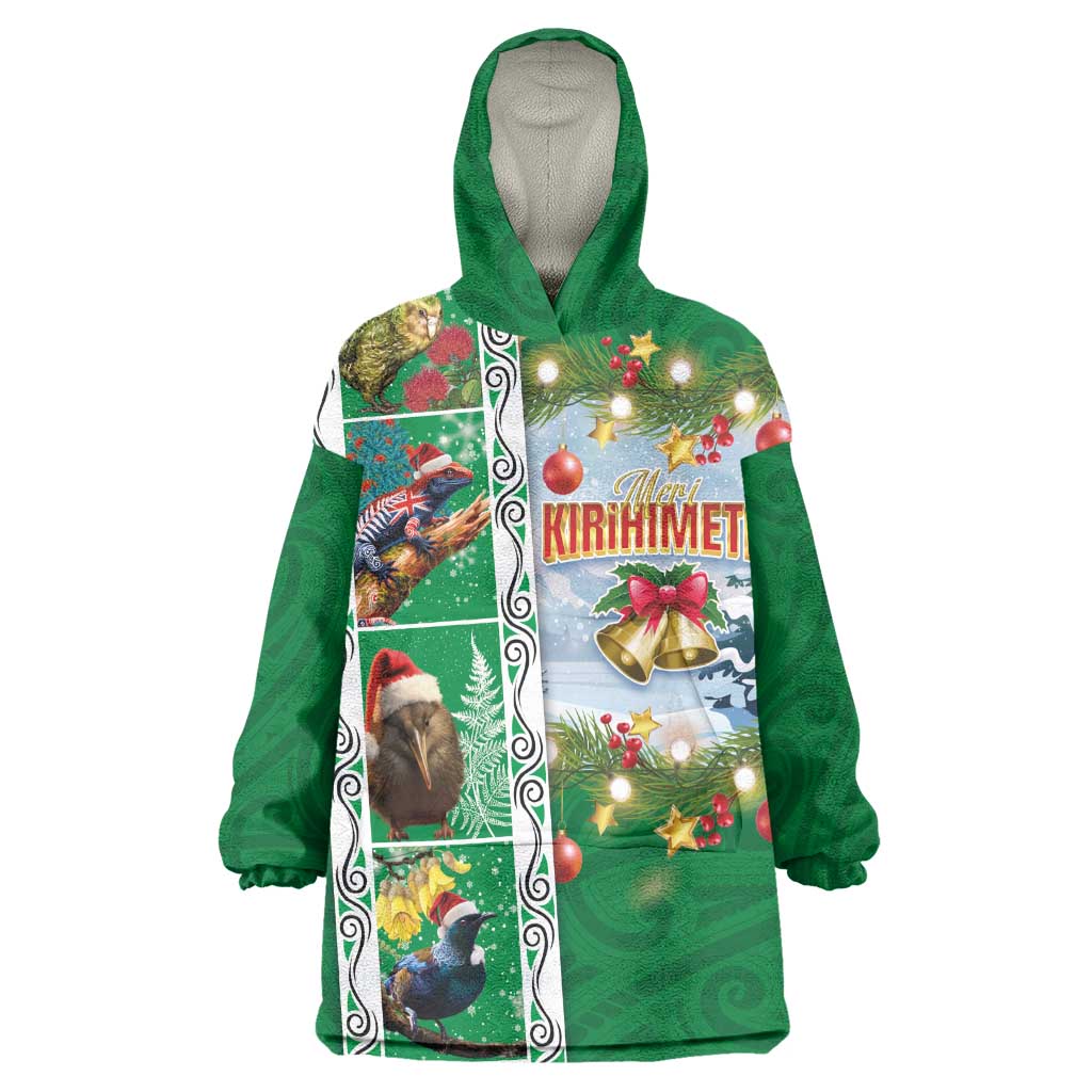 New Zealand Merry Christmas Wearable Blanket Hoodie Maori Animals, Koru Tattoo - Green Xmas Style LT03 One Size Green - Polynesian Pride