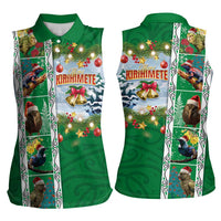 New Zealand Merry Christmas Women Sleeveless Polo Shirt Maori Animals, Koru Tattoo - Green Xmas Style