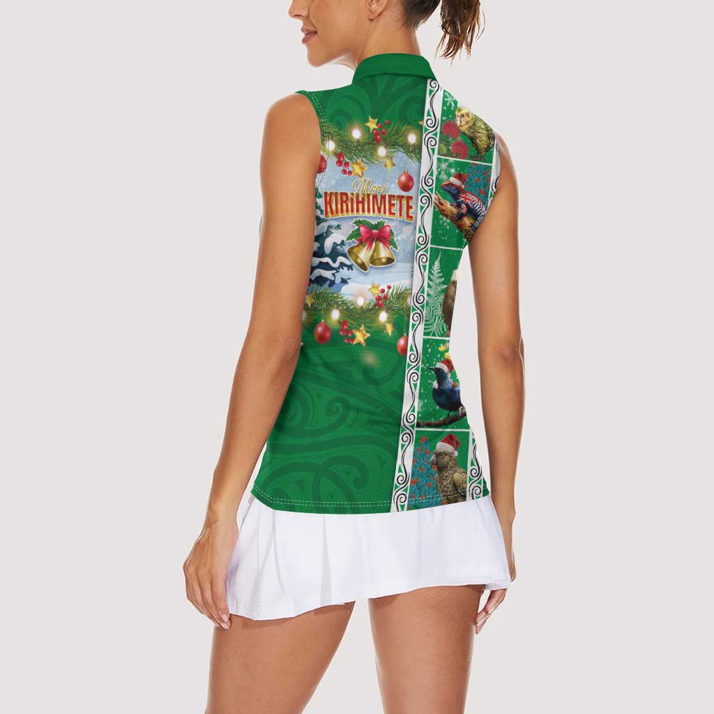 New Zealand Merry Christmas Women Sleeveless Polo Shirt Maori Animals, Koru Tattoo - Green Xmas Style