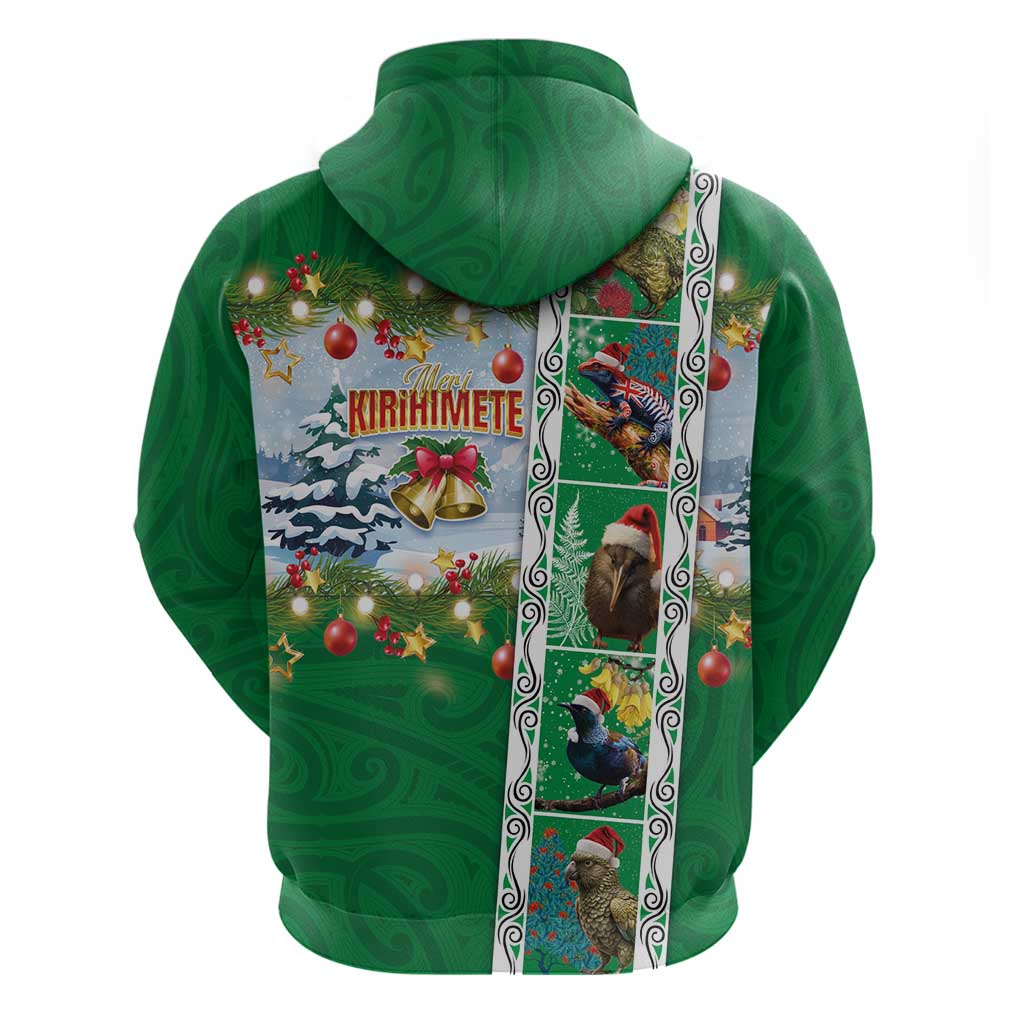 New Zealand Merry Christmas Zip Hoodie Maori Animals, Koru Tattoo - Green Xmas Style