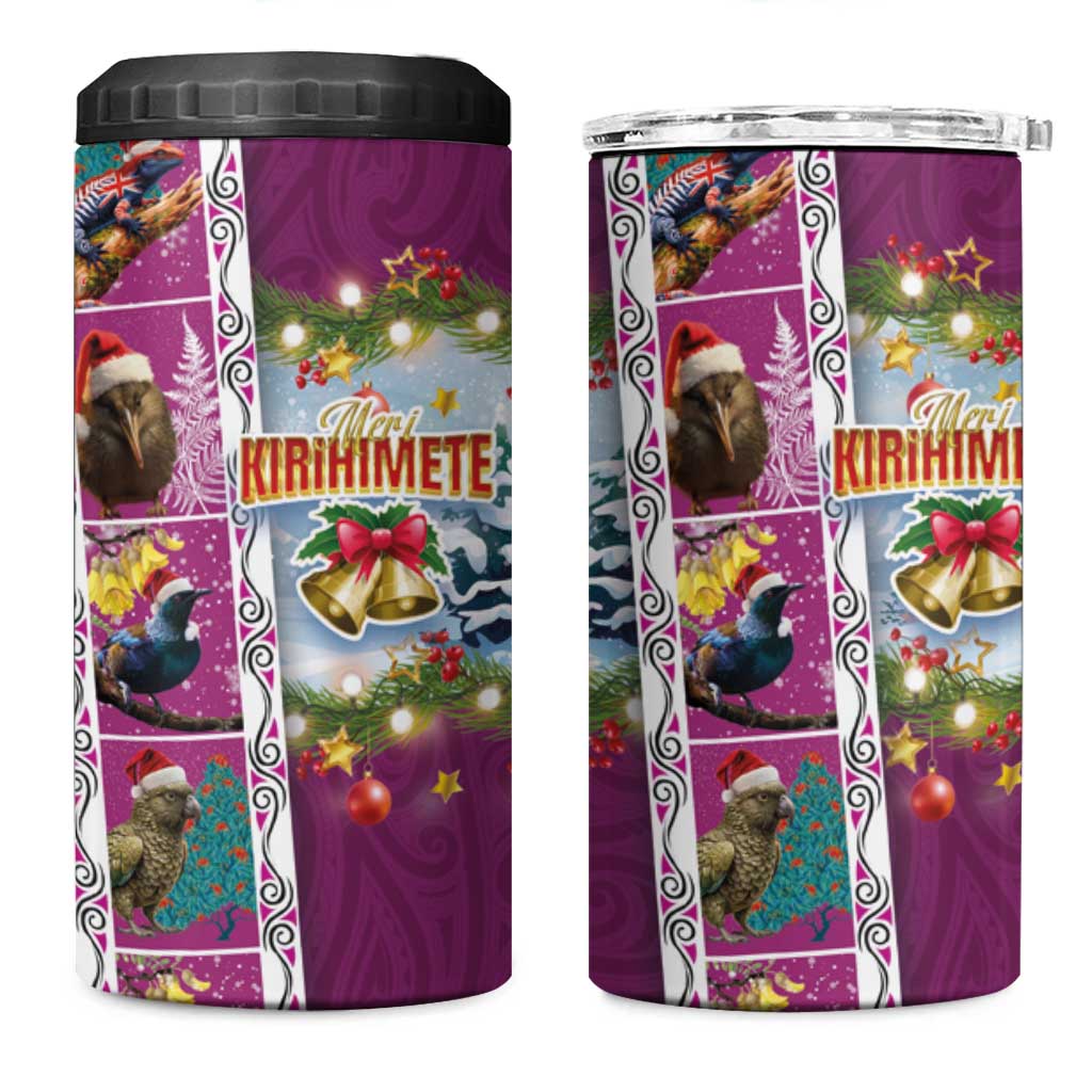 New Zealand Merry Christmas 4 in 1 Can Cooler Tumbler Maori Animals Xmas Style and Koru Tattoo Pink Color