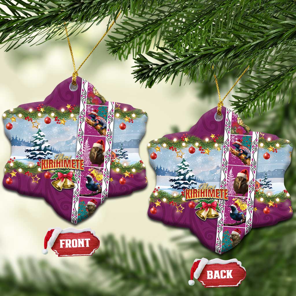 New Zealand Merry Christmas Ceramic Ornament Maori Animals, Koru Tattoo - Pink Xmas Style LT03 Snow Flake Pink - Polynesian Pride