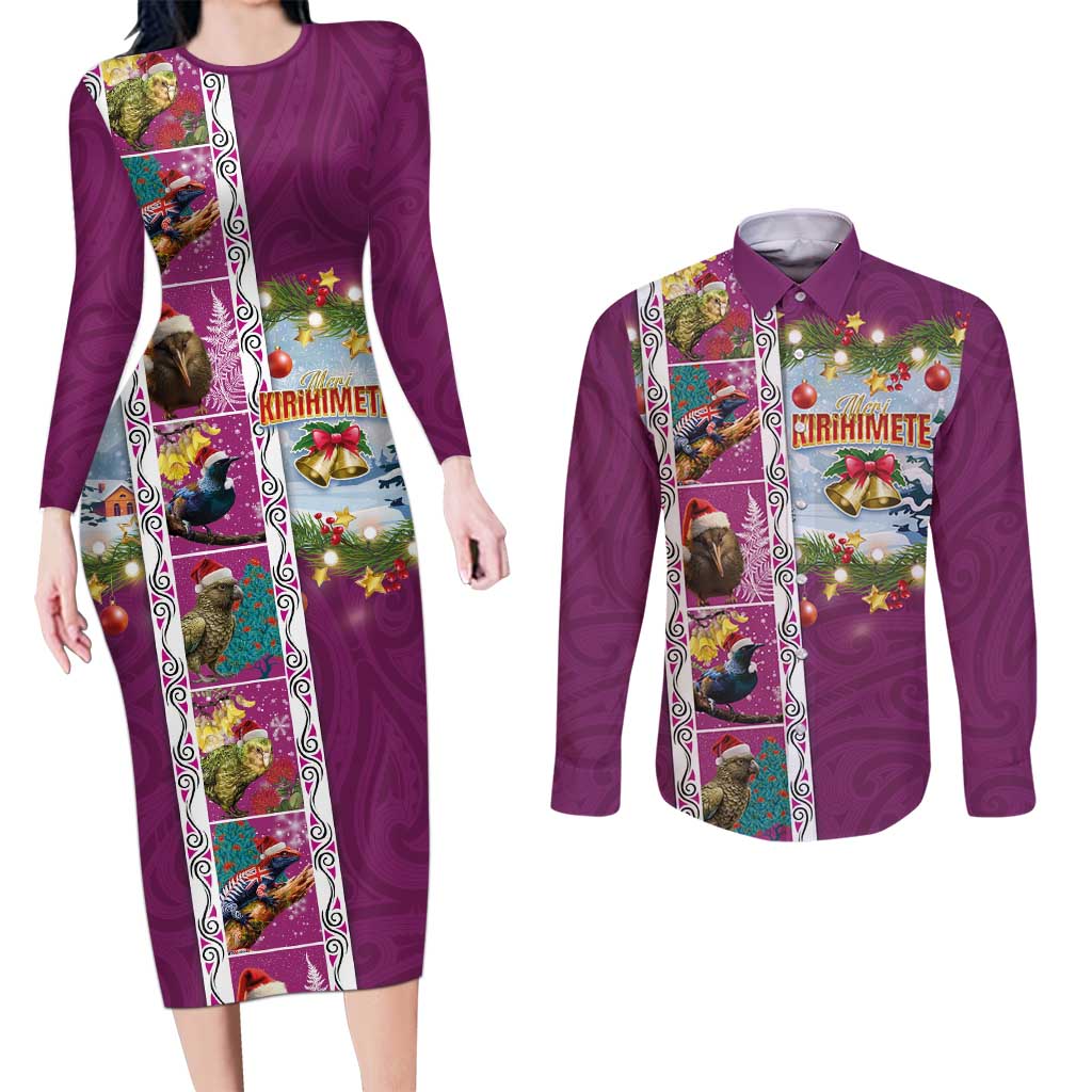 New Zealand Merry Christmas Couples Matching Long Sleeve Bodycon Dress and Long Sleeve Button Shirt Maori Animals, Koru Tattoo - Pink Xmas Style LT03 Pink - Polynesian Pride