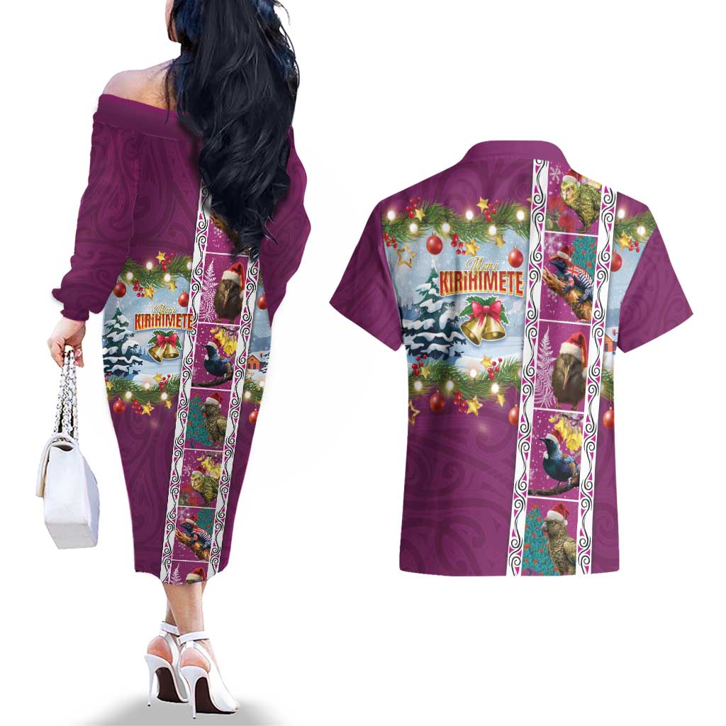 New Zealand Merry Christmas Couples Matching Off The Shoulder Long Sleeve Dress and Hawaiian Shirt Maori Animals, Koru Tattoo - Pink Xmas Style