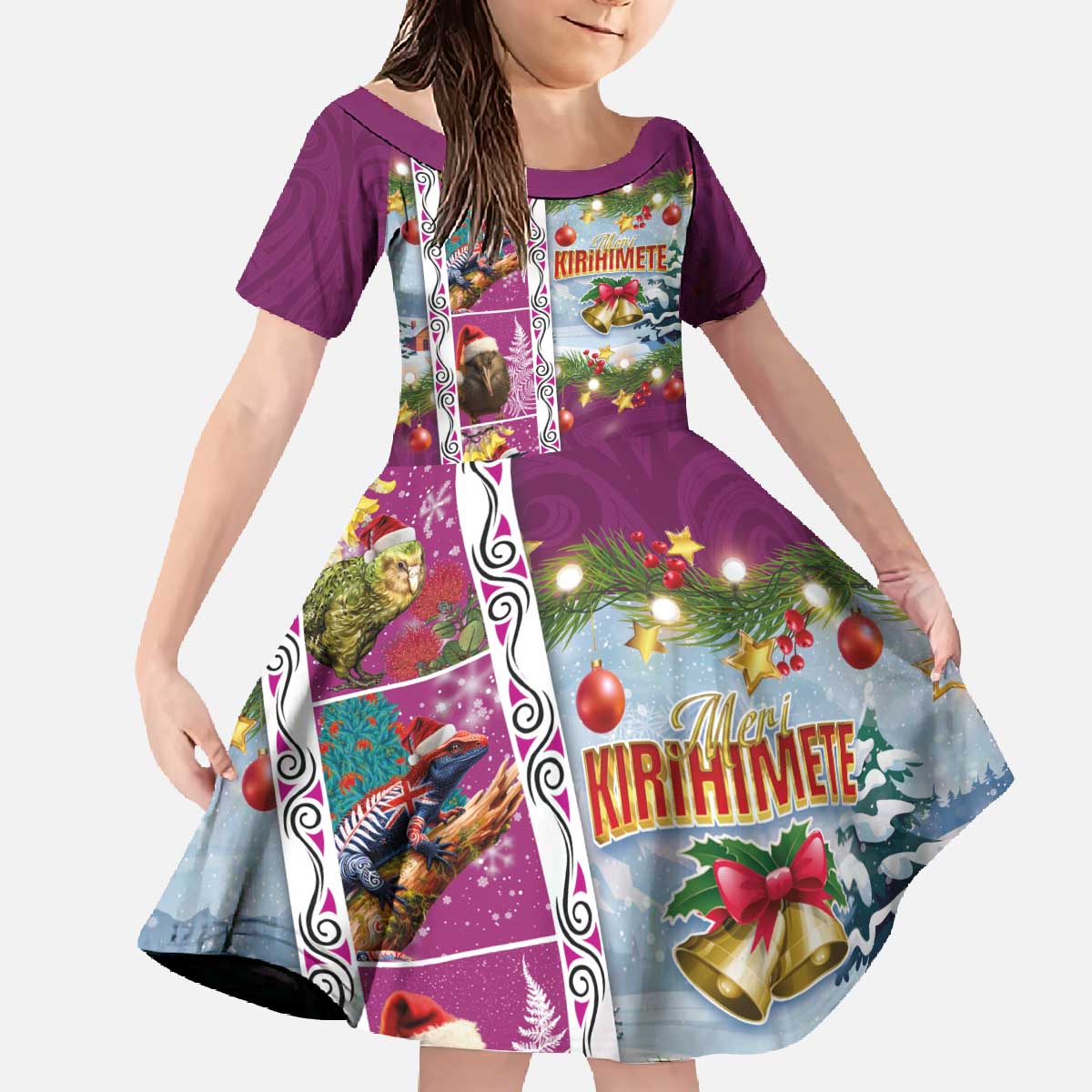 New Zealand Merry Christmas Family Matching Off The Shoulder Long Sleeve Dress and Hawaiian Shirt Maori Animals, Koru Tattoo - Pink Xmas Style