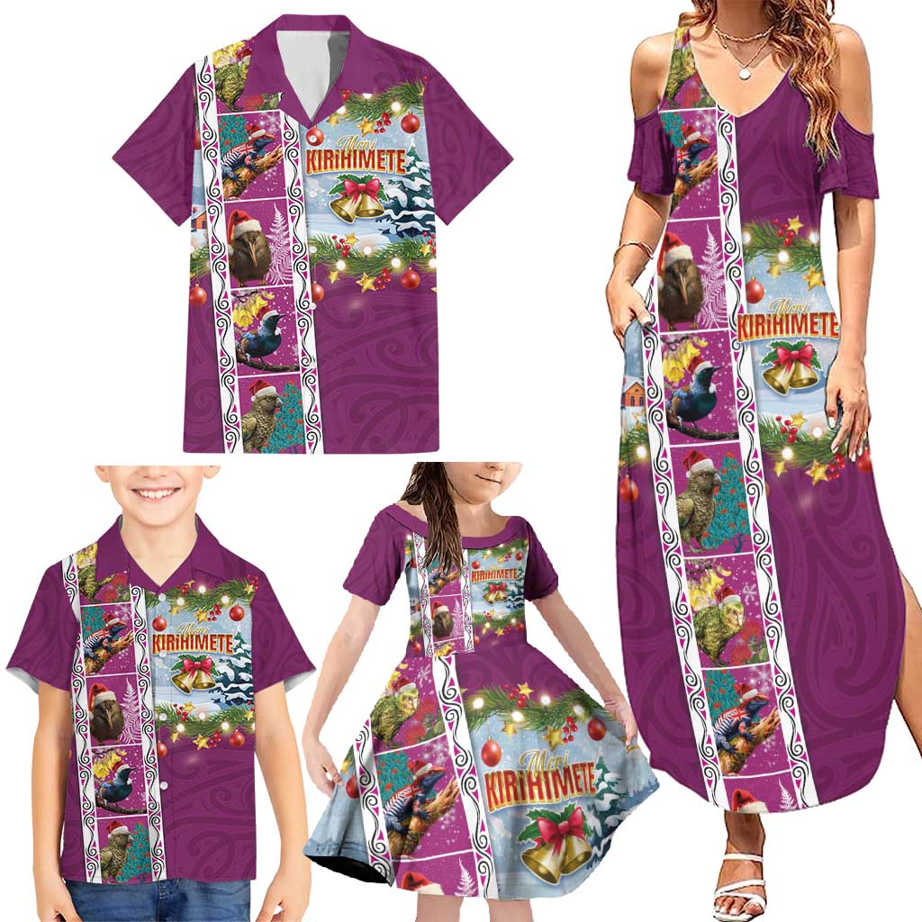 New Zealand Merry Christmas Family Matching Summer Maxi Dress and Hawaiian Shirt Maori Animals, Koru Tattoo - Pink Xmas Style