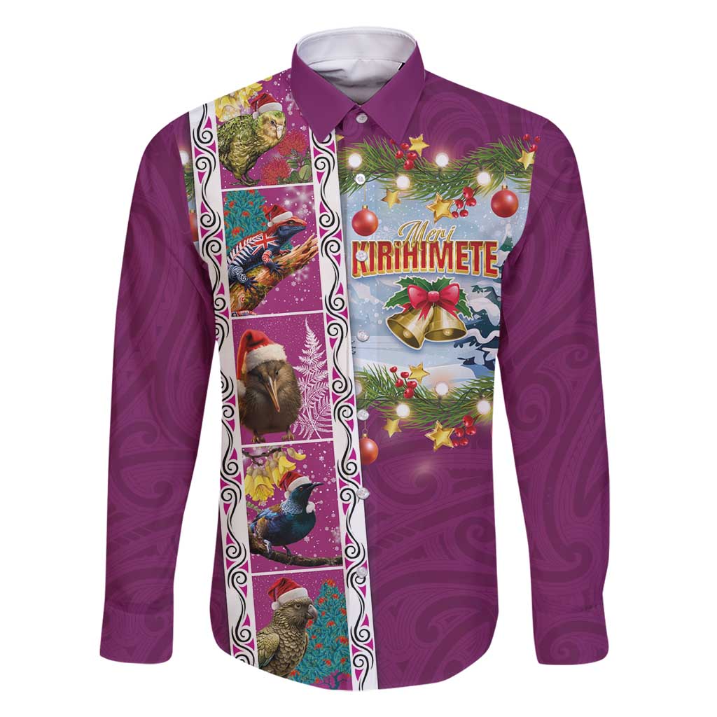 New Zealand Merry Christmas Family Matching Tank Maxi Dress and Hawaiian Shirt Maori Animals, Koru Tattoo - Pink Xmas Style LT03 Dad's Shirt - Long Sleeve Pink - Polynesian Pride