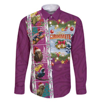 New Zealand Merry Christmas Family Matching Tank Maxi Dress and Hawaiian Shirt Maori Animals, Koru Tattoo - Pink Xmas Style LT03 Dad's Shirt - Long Sleeve Pink - Polynesian Pride