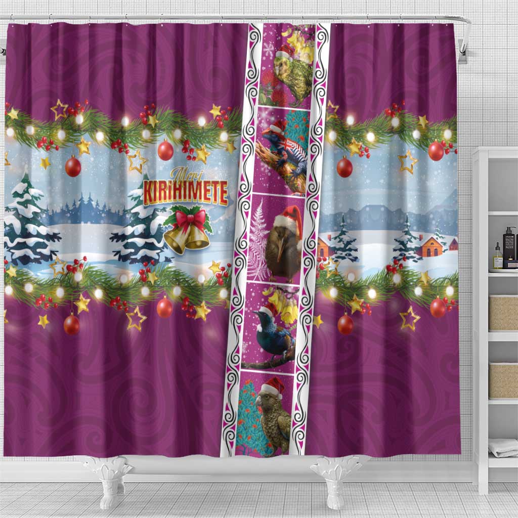 New Zealand Merry Christmas Shower Curtain Maori Animals, Koru Tattoo - Pink Xmas Style