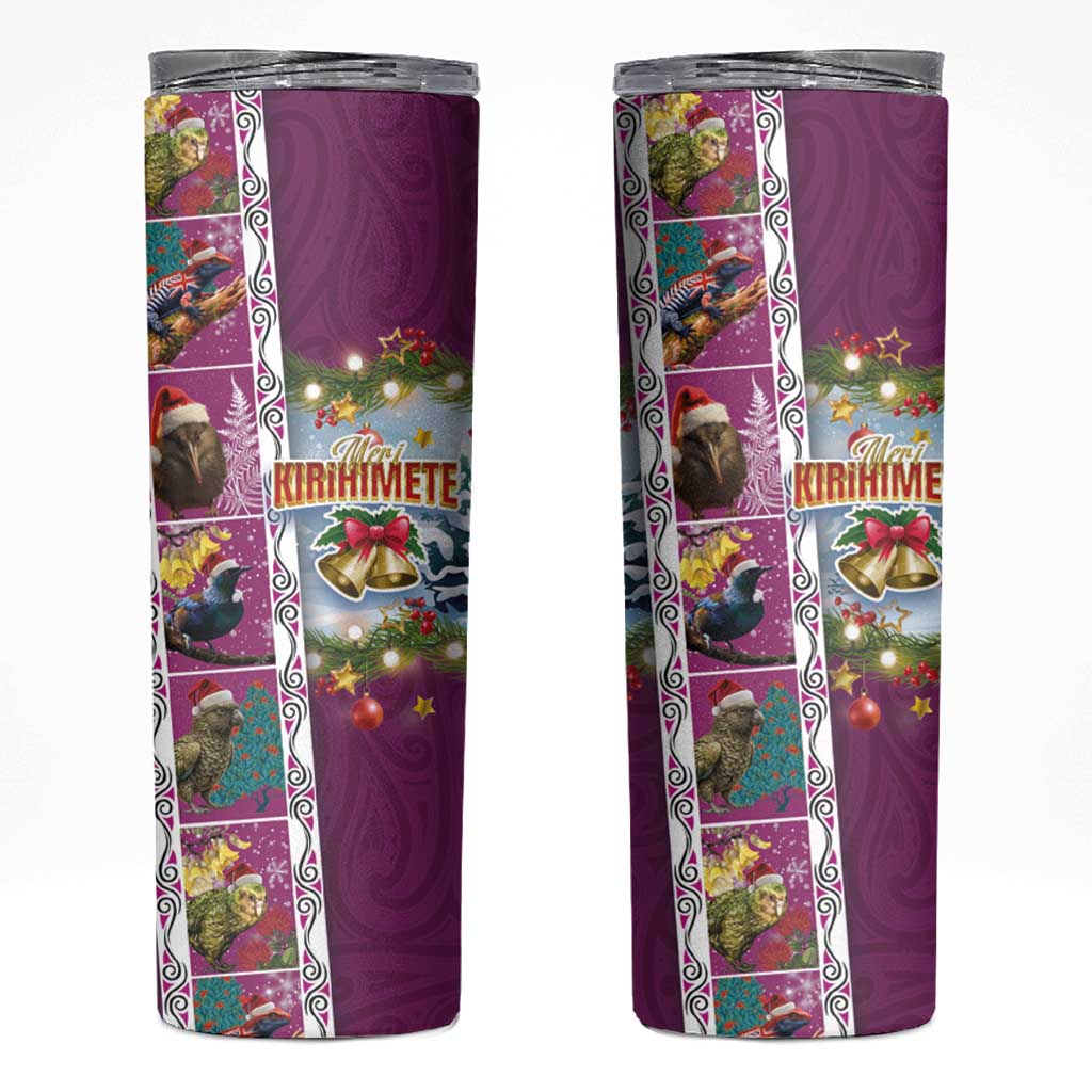 New Zealand Merry Christmas Skinny Tumbler Maori Animals Xmas Style and Koru Tattoo Pink Color