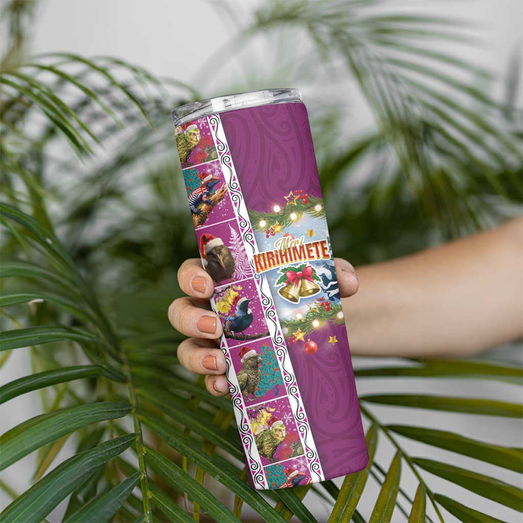 New Zealand Merry Christmas Skinny Tumbler Maori Animals Xmas Style and Koru Tattoo Pink Color