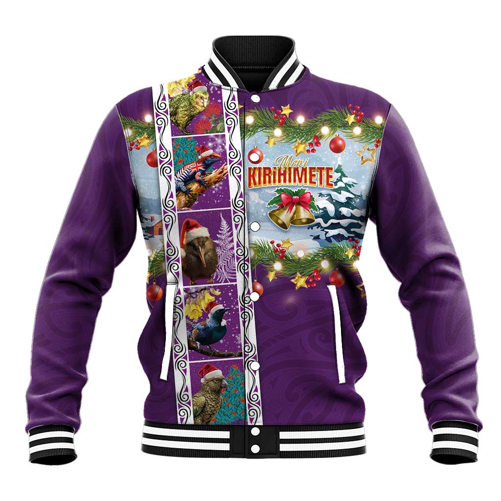 New Zealand Merry Christmas Baseball Jacket Maori Animals, Koru Tattoo - Purple Xmas Style LT03 Unisex Purple - Polynesian Pride