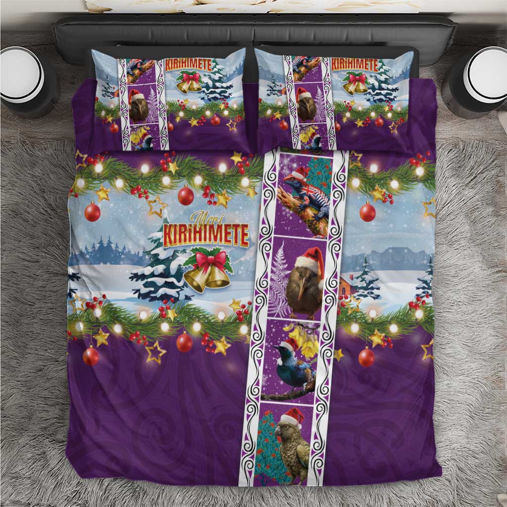 New Zealand Merry Christmas Bedding Set Maori Animals, Koru Tattoo - Purple Xmas Style