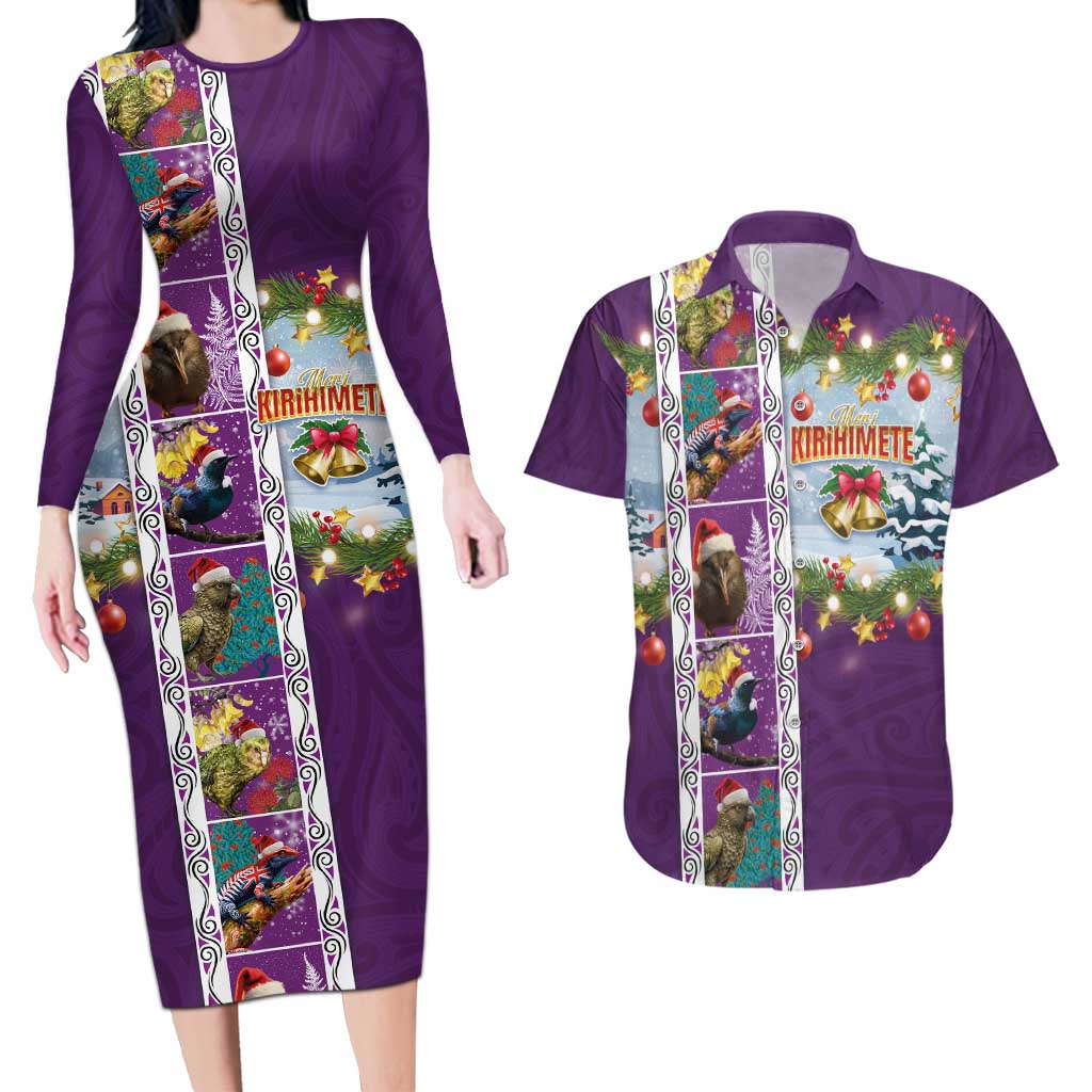 New Zealand Merry Christmas Couples Matching Long Sleeve Bodycon Dress and Hawaiian Shirt Maori Animals, Koru Tattoo - Purple Xmas Style