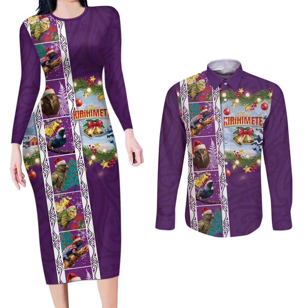 New Zealand Merry Christmas Couples Matching Long Sleeve Bodycon Dress and Long Sleeve Button Shirt Maori Animals, Koru Tattoo - Purple Xmas Style