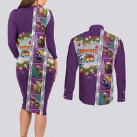 New Zealand Merry Christmas Couples Matching Long Sleeve Bodycon Dress and Long Sleeve Button Shirt Maori Animals, Koru Tattoo - Purple Xmas Style