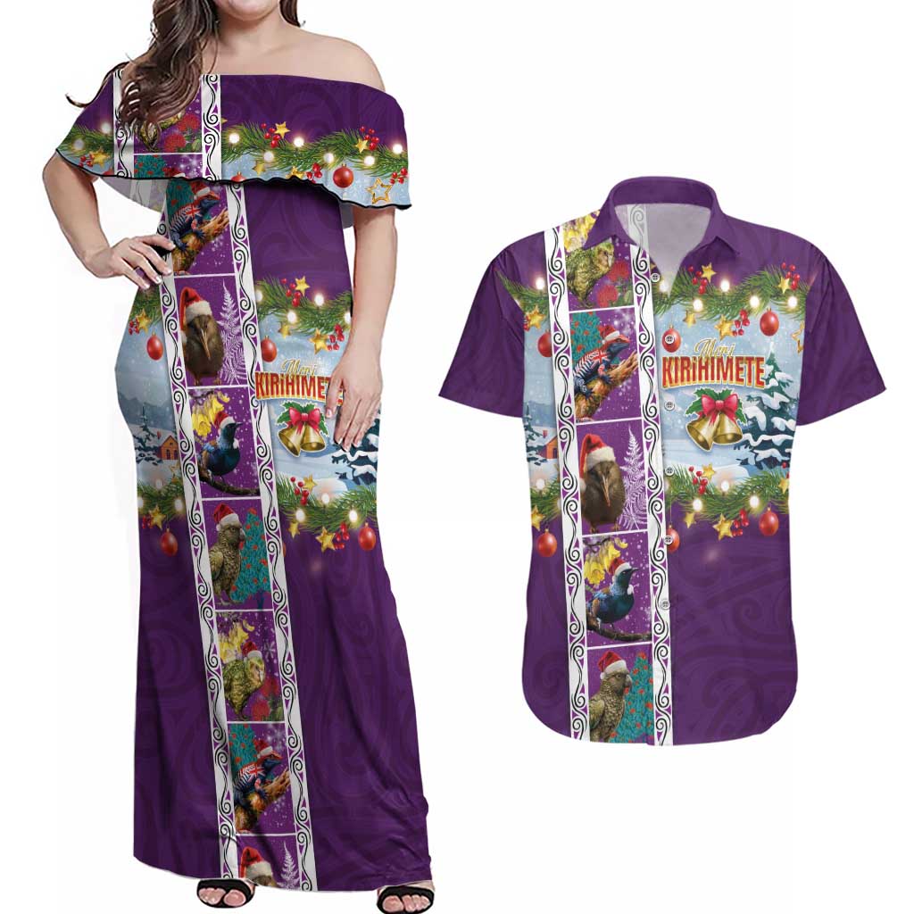 New Zealand Merry Christmas Couples Matching Off Shoulder Maxi Dress and Hawaiian Shirt Maori Animals, Koru Tattoo - Purple Xmas Style