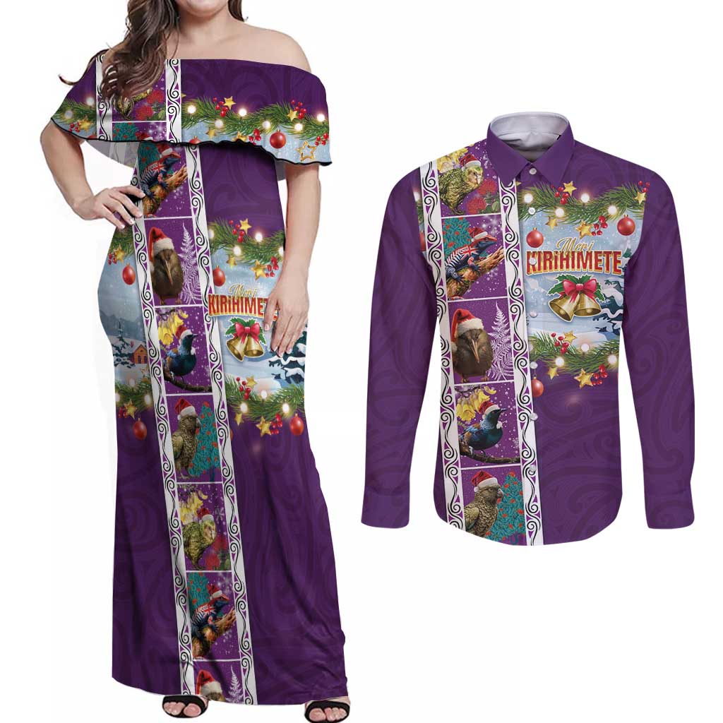 New Zealand Merry Christmas Couples Matching Off Shoulder Maxi Dress and Long Sleeve Button Shirt Maori Animals, Koru Tattoo - Purple Xmas Style