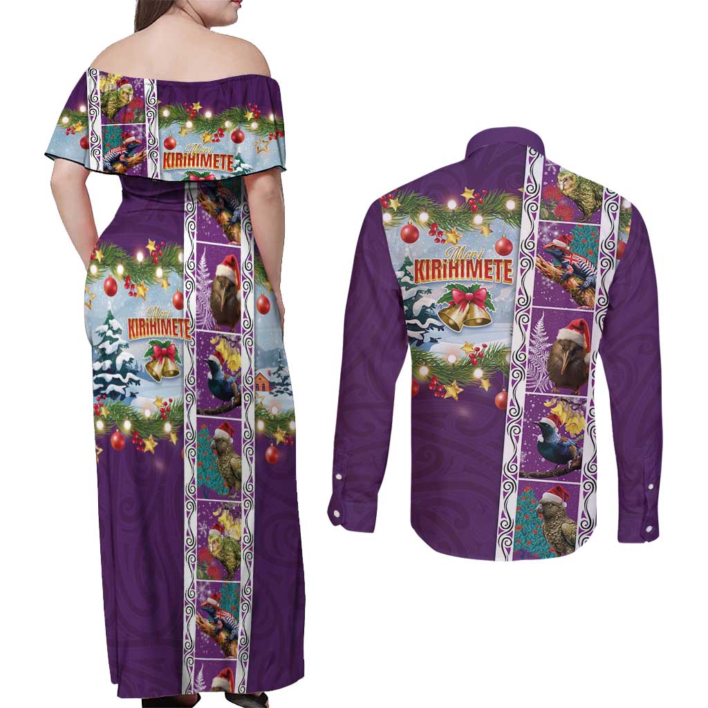 New Zealand Merry Christmas Couples Matching Off Shoulder Maxi Dress and Long Sleeve Button Shirt Maori Animals, Koru Tattoo - Purple Xmas Style