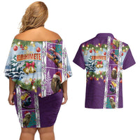 New Zealand Merry Christmas Couples Matching Off Shoulder Short Dress and Hawaiian Shirt Maori Animals, Koru Tattoo - Purple Xmas Style