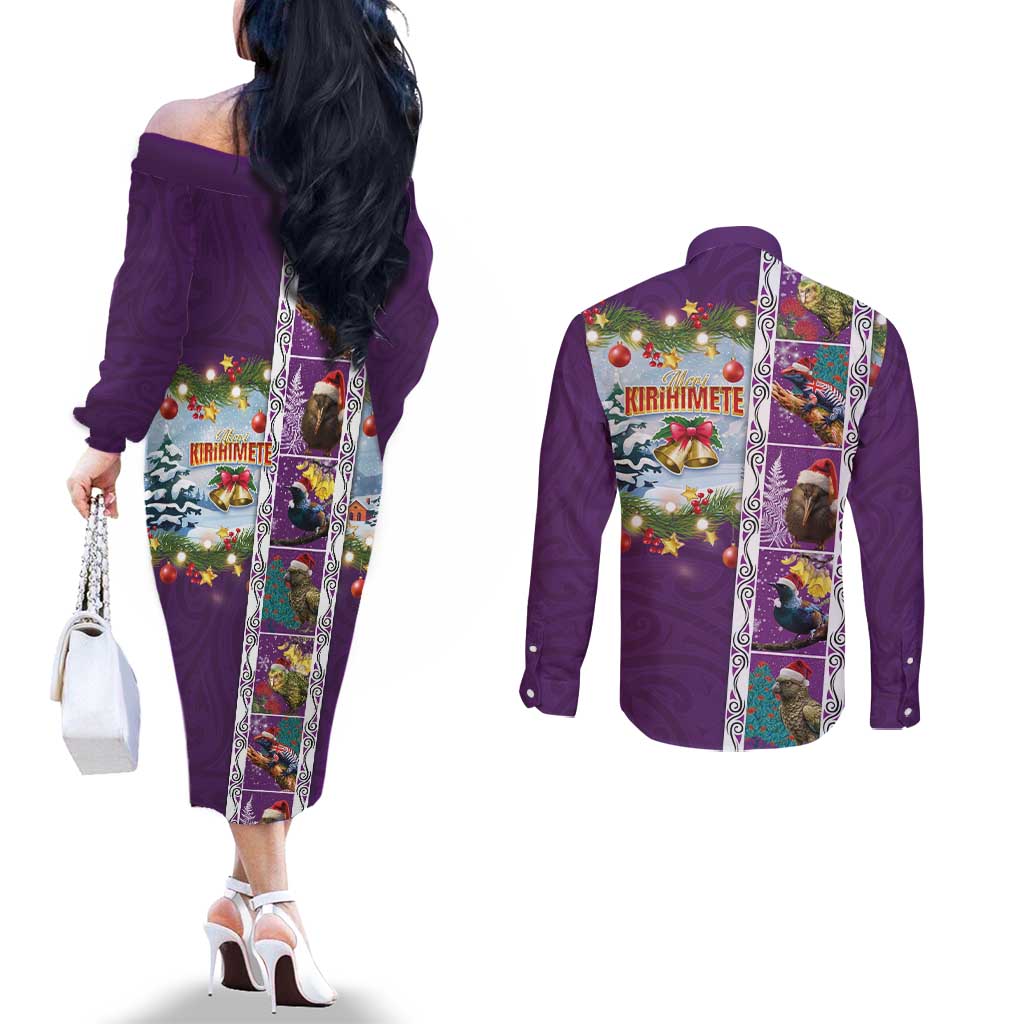 New Zealand Merry Christmas Couples Matching Off The Shoulder Long Sleeve Dress and Long Sleeve Button Shirt Maori Animals, Koru Tattoo - Purple Xmas Style