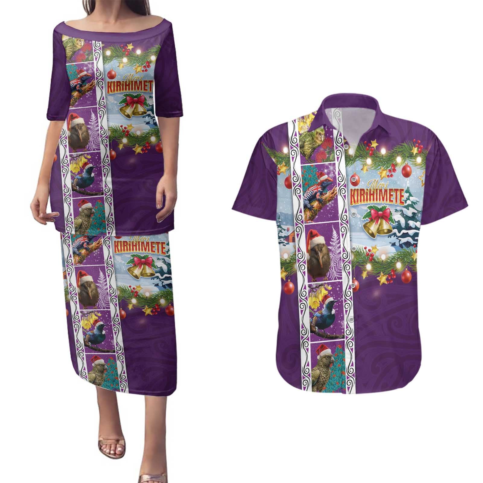 New Zealand Merry Christmas Couples Matching Puletasi and Hawaiian Shirt Maori Animals, Koru Tattoo - Purple Xmas Style