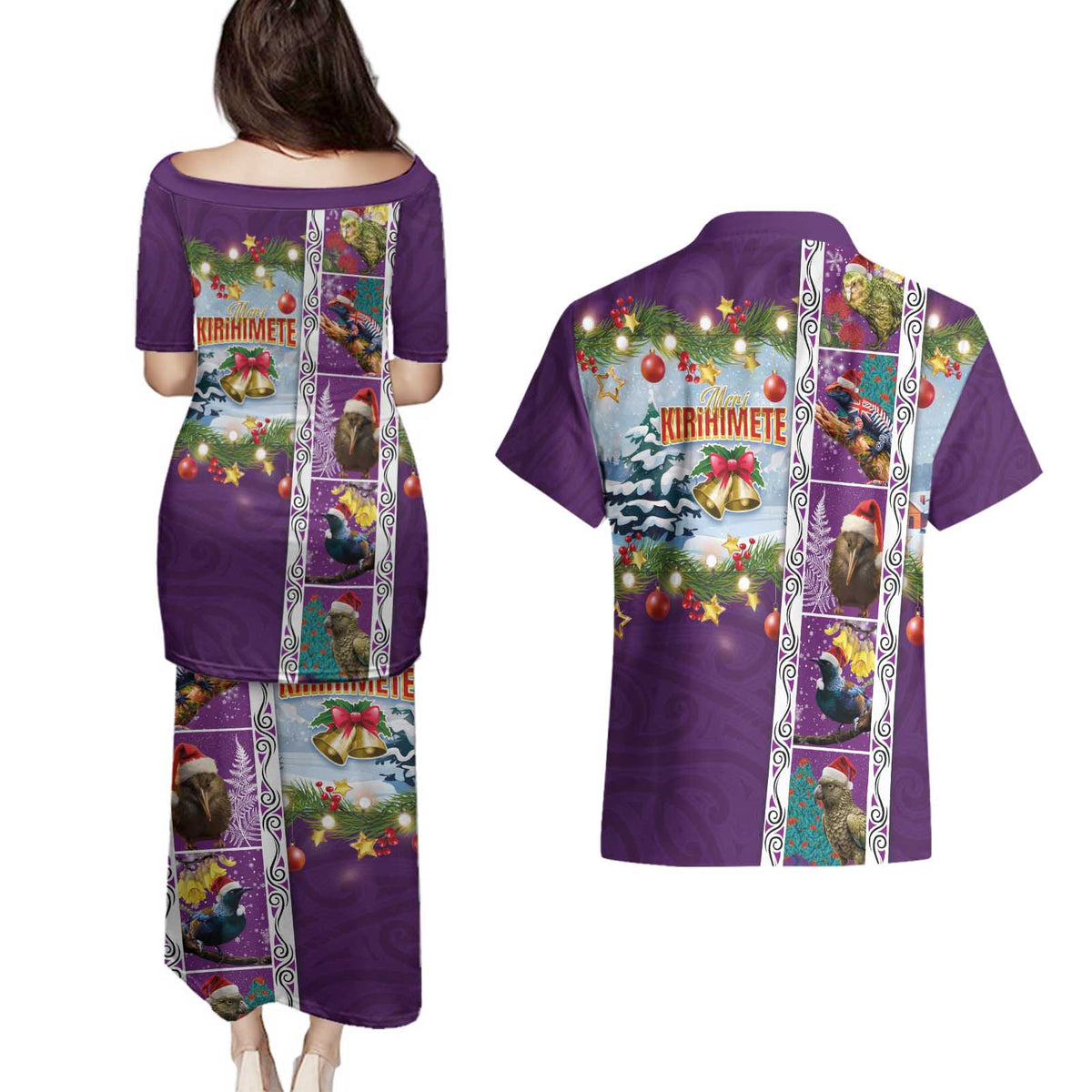 New Zealand Merry Christmas Couples Matching Puletasi and Hawaiian Shirt Maori Animals, Koru Tattoo - Purple Xmas Style