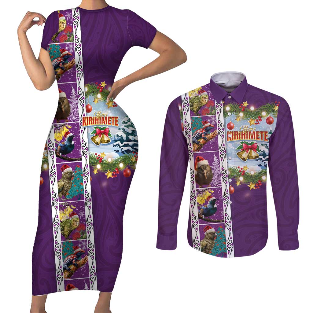 New Zealand Merry Christmas Couples Matching Short Sleeve Bodycon Dress and Long Sleeve Button Shirt Maori Animals, Koru Tattoo - Purple Xmas Style