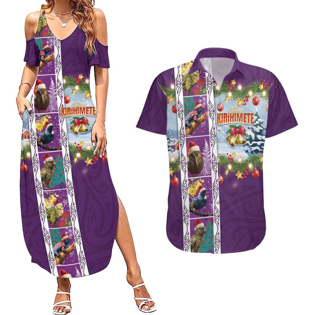New Zealand Merry Christmas Couples Matching Summer Maxi Dress and Hawaiian Shirt Maori Animals, Koru Tattoo - Purple Xmas Style