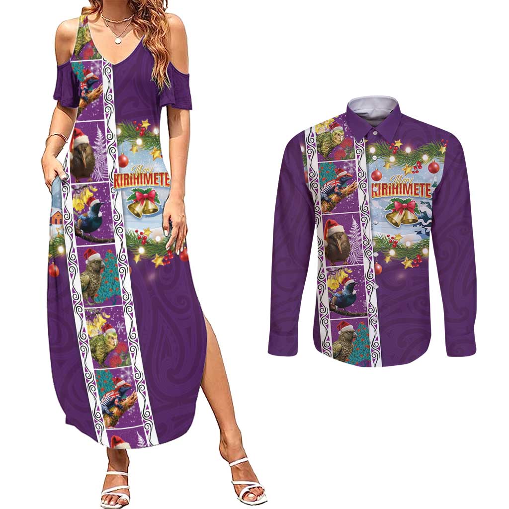 New Zealand Merry Christmas Couples Matching Summer Maxi Dress and Long Sleeve Button Shirt Maori Animals, Koru Tattoo - Purple Xmas Style