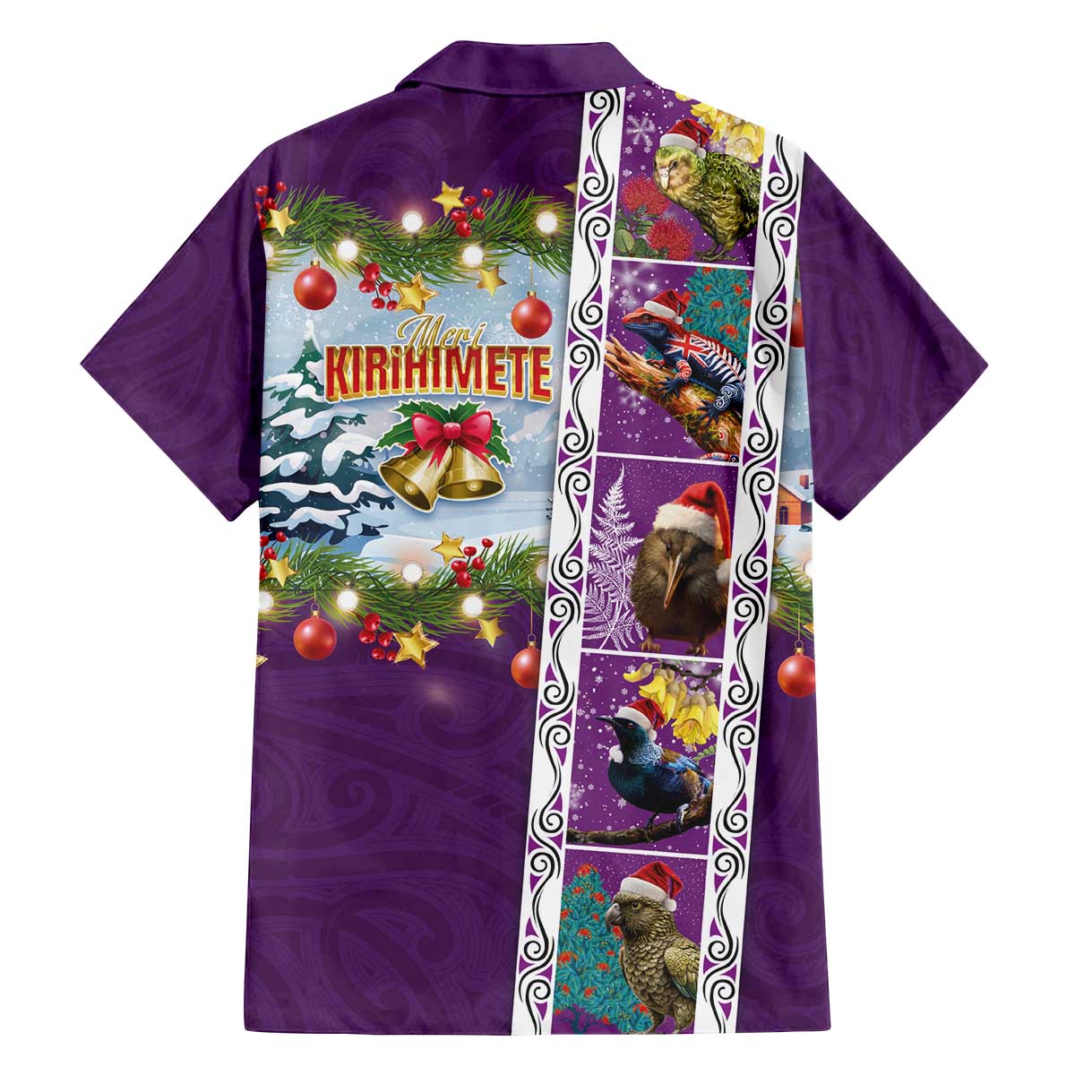 New Zealand Merry Christmas Family Matching Off The Shoulder Long Sleeve Dress and Hawaiian Shirt Maori Animals, Koru Tattoo - Purple Xmas Style