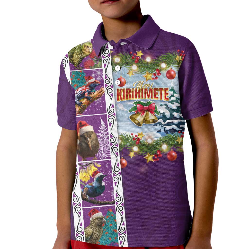 New Zealand Merry Christmas Kid Polo Shirt Maori Animals, Koru Tattoo - Purple Xmas Style