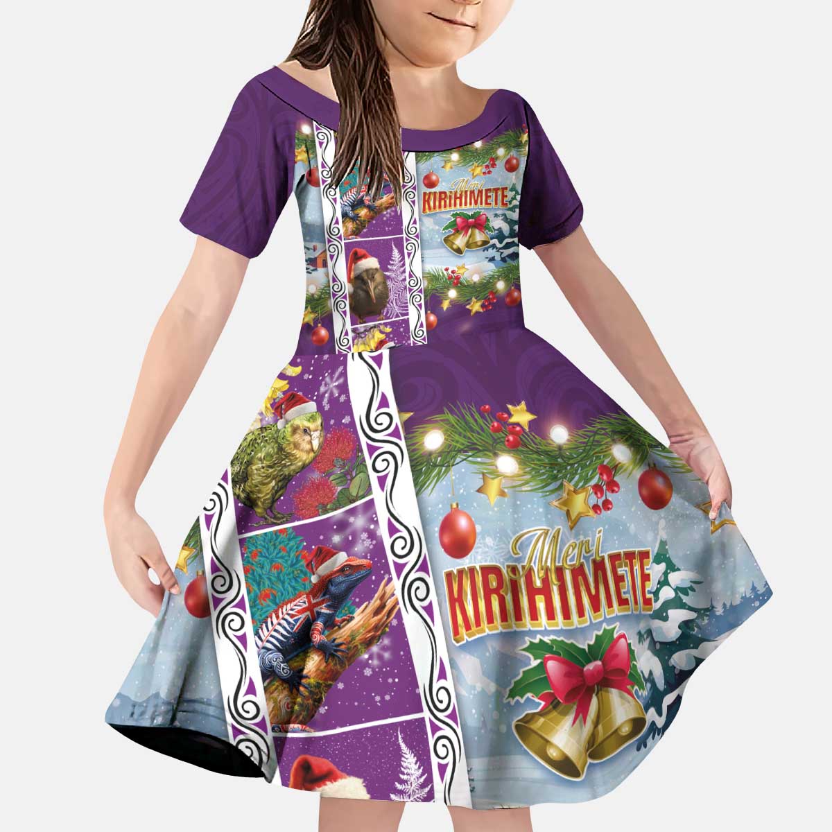 New Zealand Merry Christmas Kid Short Sleeve Dress Maori Animals, Koru Tattoo - Purple Xmas Style