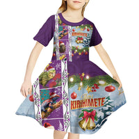 New Zealand Merry Christmas Kid Short Sleeve Dress Maori Animals, Koru Tattoo - Purple Xmas Style