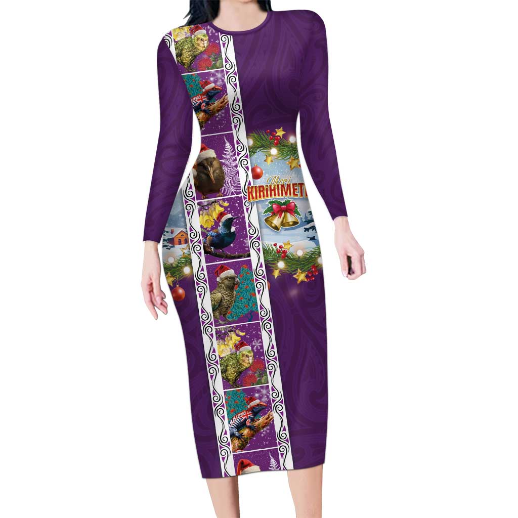 New Zealand Merry Christmas Long Sleeve Bodycon Dress Maori Animals, Koru Tattoo - Purple Xmas Style