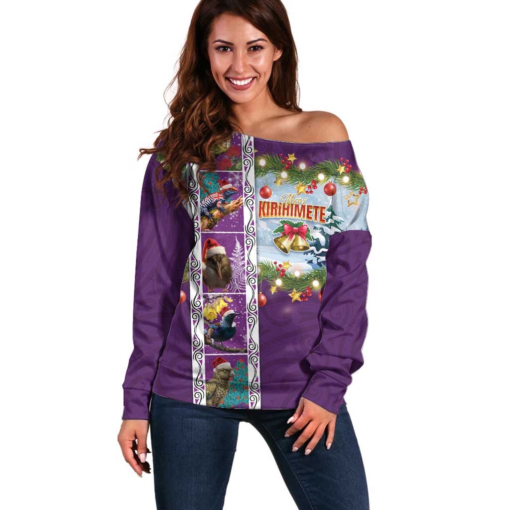 New Zealand Merry Christmas Off Shoulder Sweater Maori Animals, Koru Tattoo - Purple Xmas Style