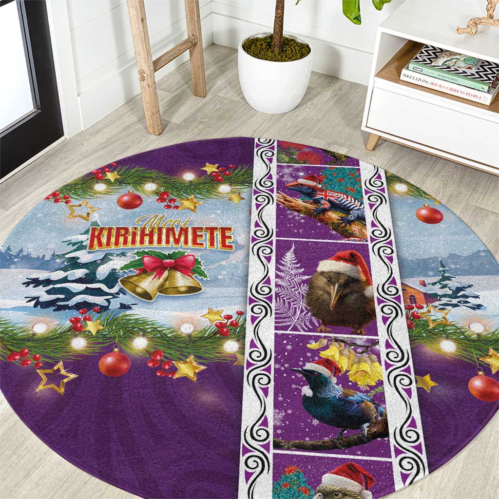 New Zealand Merry Christmas Round Carpet Maori Animals, Koru Tattoo - Purple Xmas Style