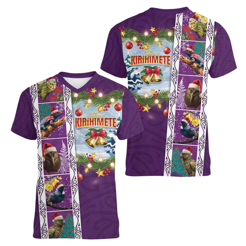 New Zealand Merry Christmas Women V-Neck T-Shirt Maori Animals, Koru Tattoo - Purple Xmas Style