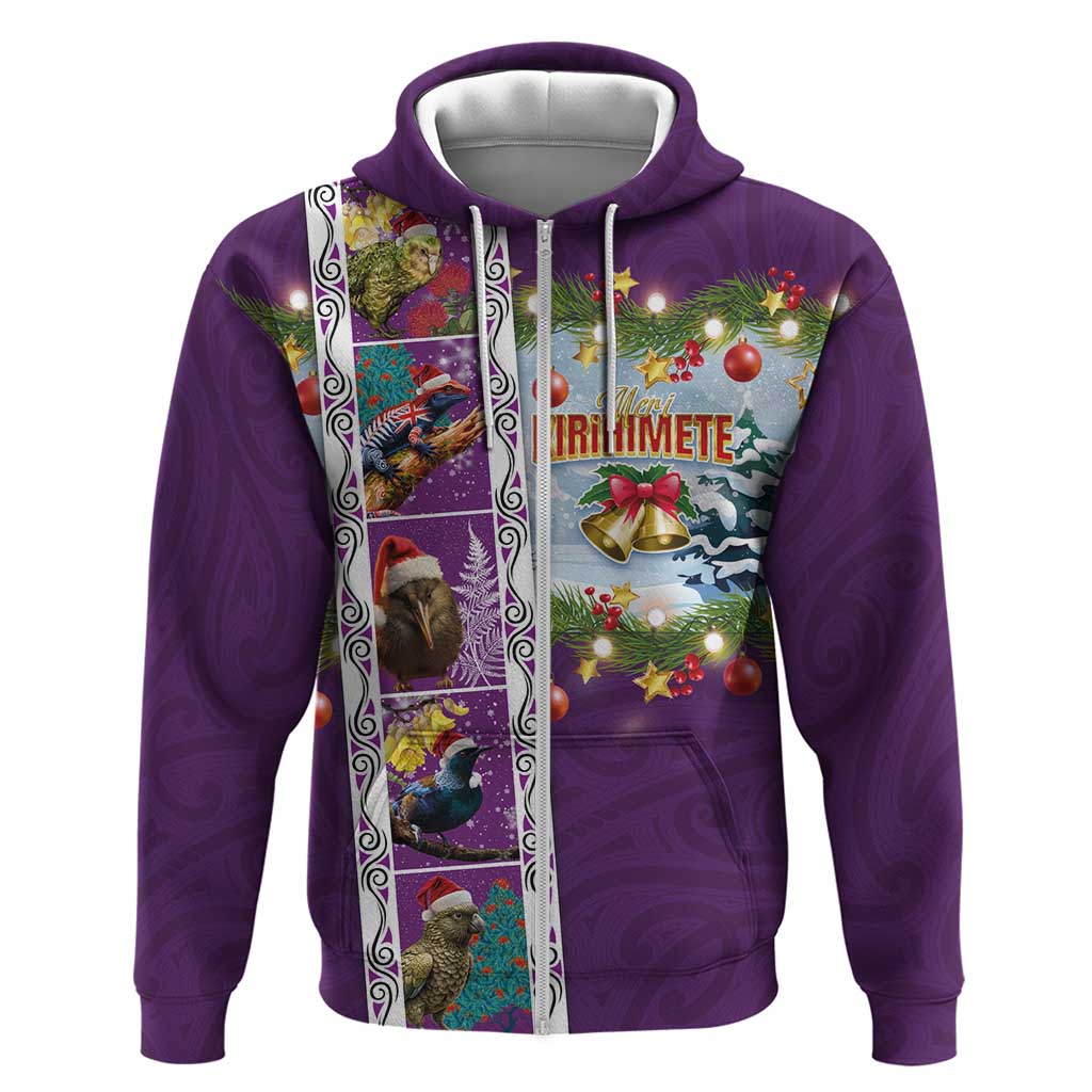 New Zealand Merry Christmas Zip Hoodie Maori Animals, Koru Tattoo - Purple Xmas Style