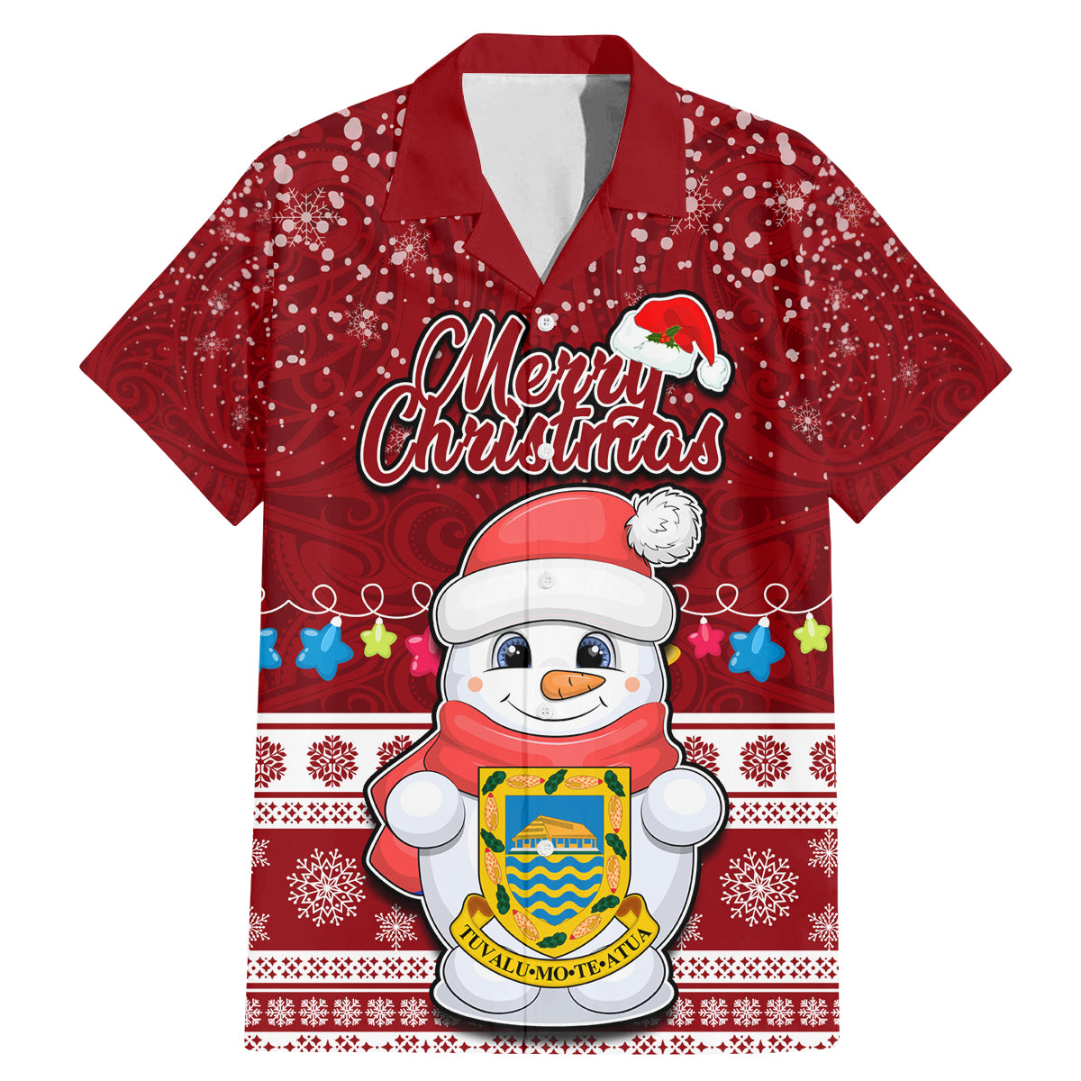 Tuvalu Christmas Family Matching Mermaid Dress and Hawaiian Shirt Snowman and Tuvalu Coat of Arms Maori Tribal Xmas Style LT03 Dad's Shirt - Short Sleeve Red - Polynesian Pride