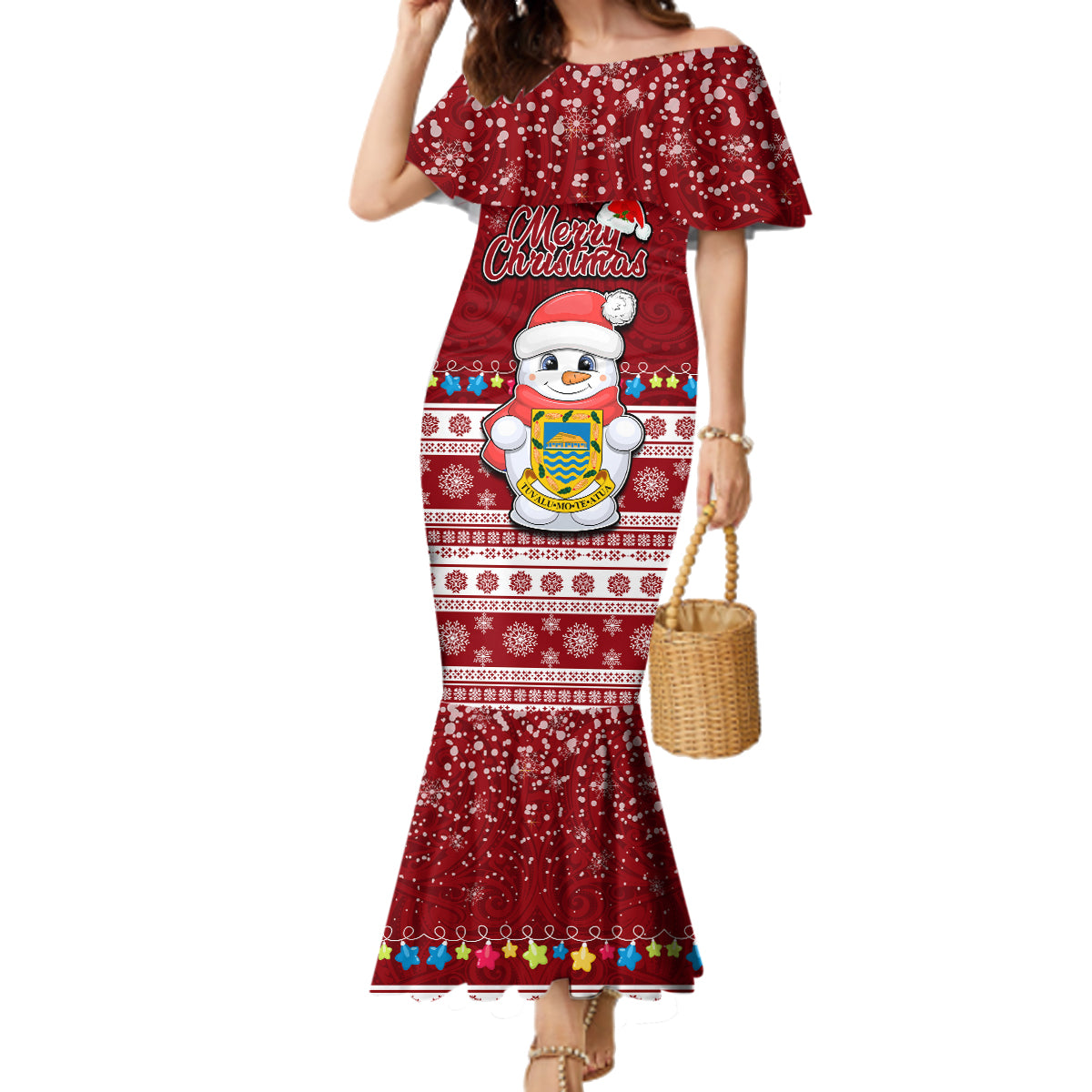 Tuvalu Christmas Family Matching Mermaid Dress and Hawaiian Shirt Snowman and Tuvalu Coat of Arms Maori Tribal Xmas Style LT03 Mom's Dress Red - Polynesian Pride
